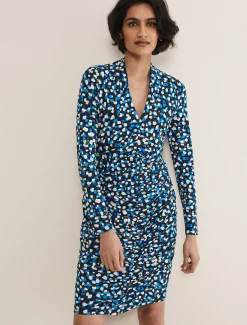 Dresses^Phase Eight Juno Ruched V Neck Dotty Bodycon Dress Blue Multi