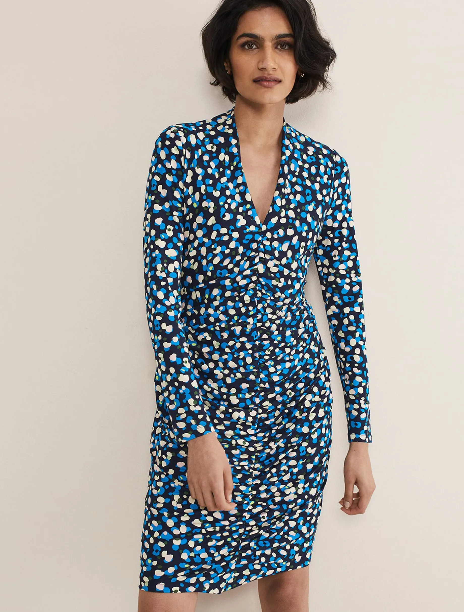 Dresses^Phase Eight Juno Ruched V Neck Dotty Bodycon Dress Blue Multi