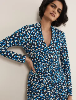 Dresses^Phase Eight Juno Ruched V Neck Dotty Bodycon Dress Blue Multi