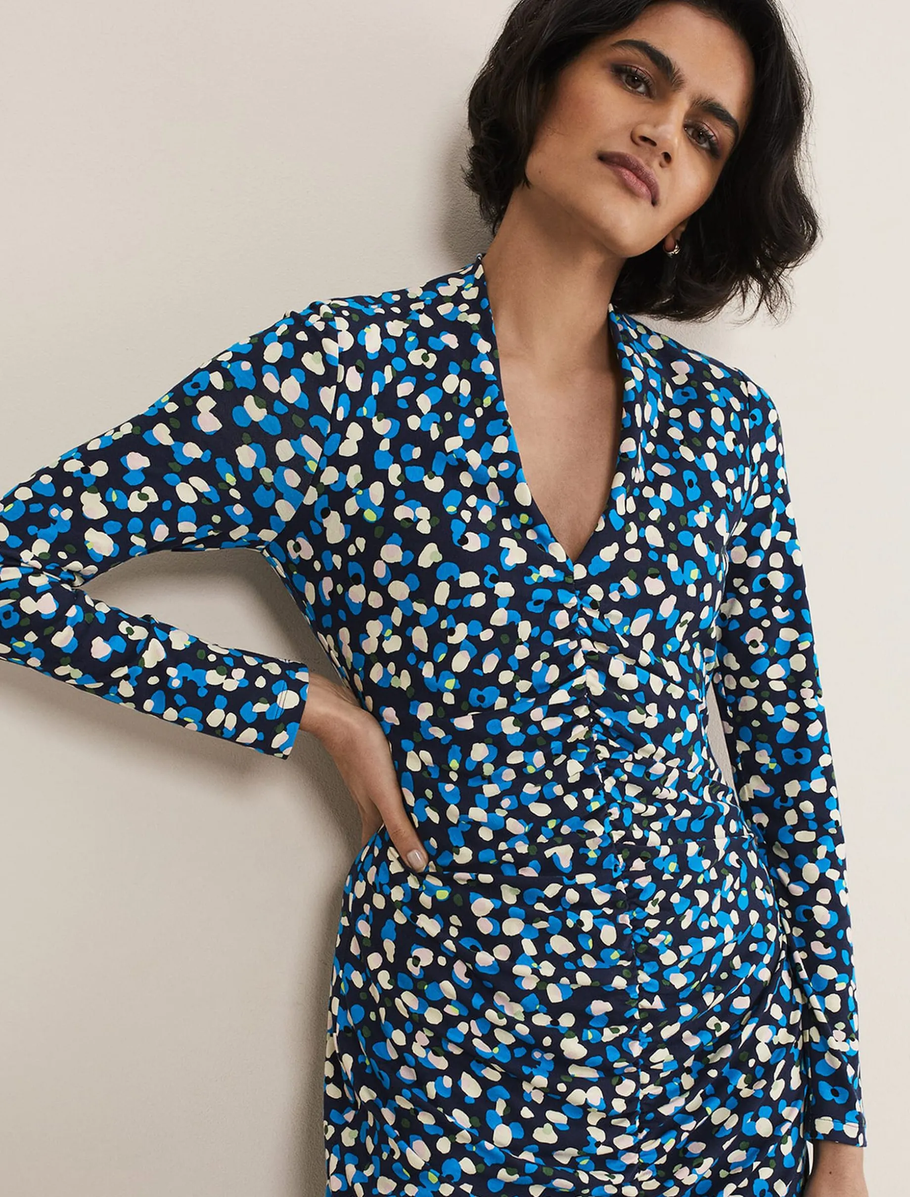 Dresses^Phase Eight Juno Ruched V Neck Dotty Bodycon Dress Blue Multi