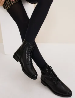Boots^Phase Eight Lace Up Leather Flat Boots Black