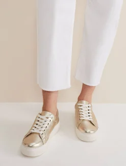 Flats^Phase Eight Leather Platform Trainers Gold