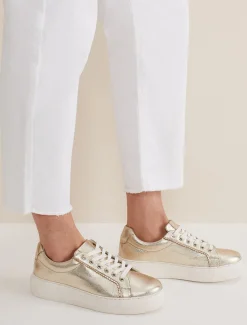 Flats^Phase Eight Leather Platform Trainers Gold