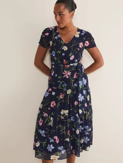 Dresses^Phase Eight Lola Floral Tiered Midi Dress Navy/Multi