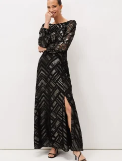 Dresses^Phase Eight Madeliene Chevron Maxi Dress Black/Gold