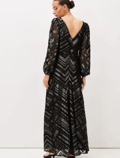 Dresses^Phase Eight Madeliene Chevron Maxi Dress Black/Gold