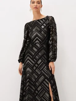 Dresses^Phase Eight Madeliene Chevron Maxi Dress Black/Gold