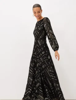 Dresses^Phase Eight Madeliene Chevron Maxi Dress Black/Gold