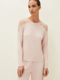Pyjamas^Phase Eight Marlie Lace Long Sleeved Pyjama Top Soft Pink