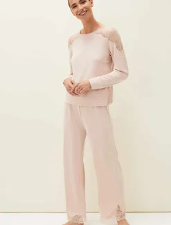 Pyjamas^Phase Eight Marlie Lace Long Sleeved Pyjama Top Soft Pink