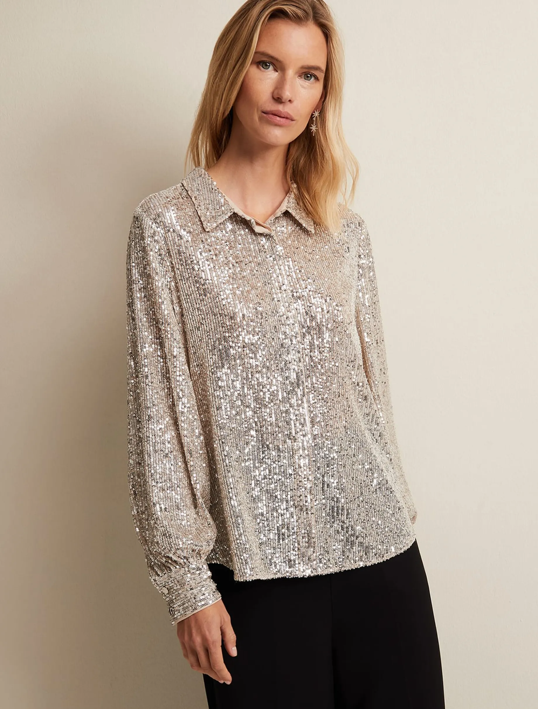 Shirts & Blouses^Phase Eight Medora Sequin Shirt Oyster