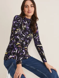 Tops & T-Shirts^Phase Eight Mellanie Jersey Floral High Neck Top Black