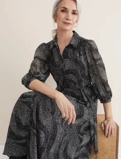 Dresses^Phase Eight Miriam Chiffon Shirt Midi Dress Black/Ivory