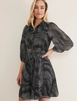 Dresses^Phase Eight Miriam Chiffon Shirt Mini Dress Black/Ivory