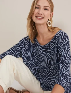 Tops & T-Shirts^Phase Eight Moire Zebra Linen Top Blue