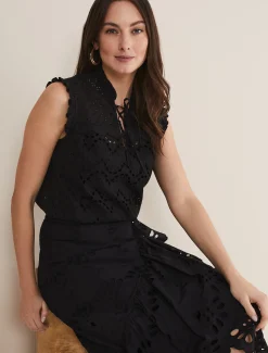 Shirts & Blouses^Phase Eight Mollie Broderie Sleeveless Blouse Black