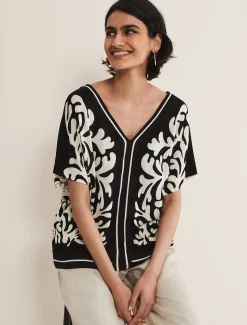 Tops & T-Shirts^Phase Eight Natalie V Neck Printed Top Black/Ivory