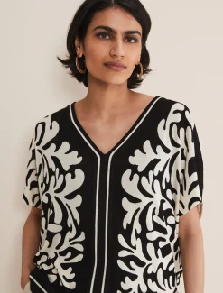 Tops & T-Shirts^Phase Eight Natalie V Neck Printed Top Black/Ivory