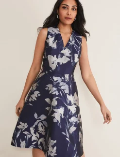 Dresses^Phase Eight Petite Cassy Jaquard Floral Midi Dress Navy/Multi