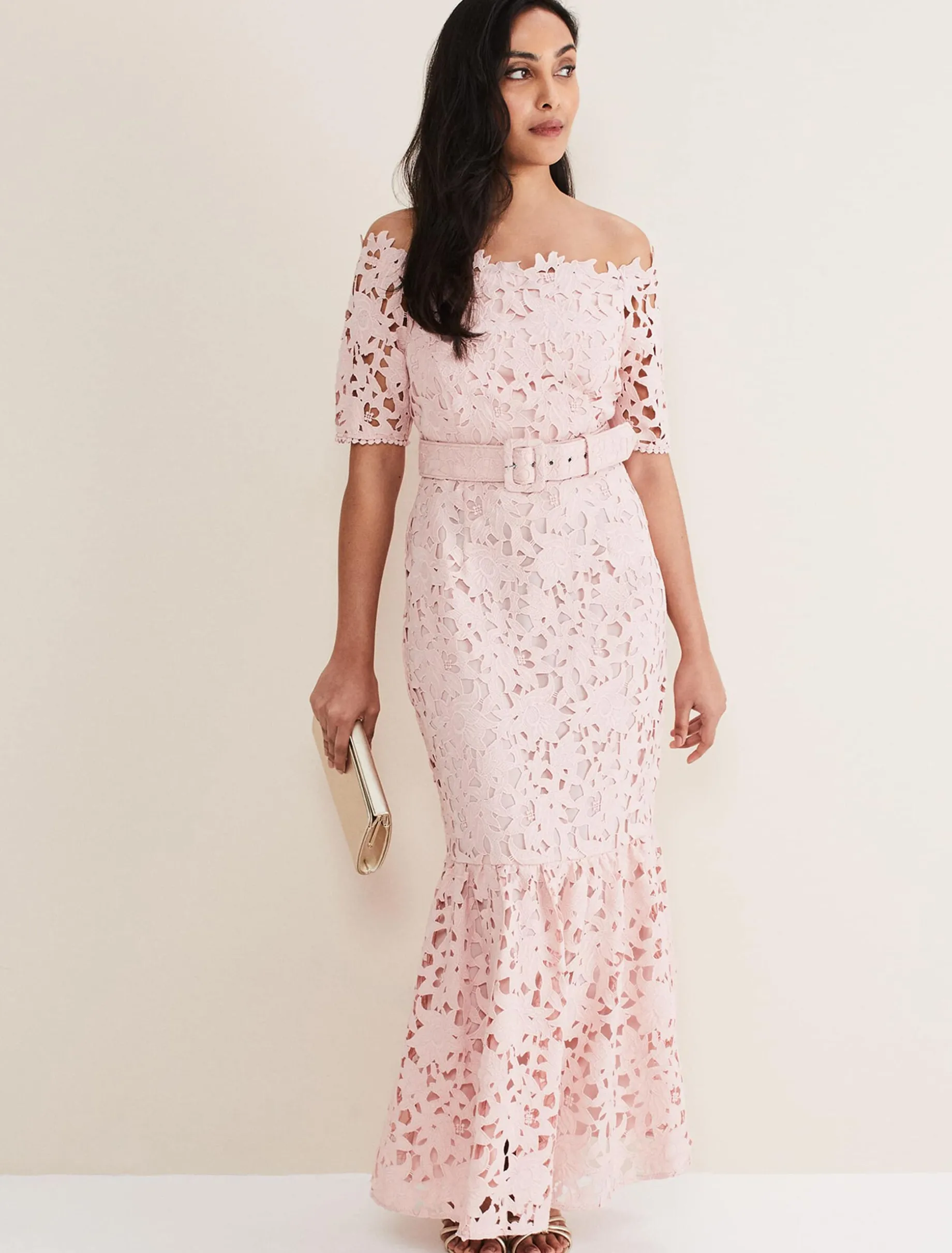 Dresses^Phase Eight Petite Tallula Lace Bardot Maxi Dress Petal Pink