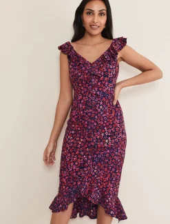 Dresses^Phase Eight Petite Viola V-Neck Ditsy Frill Dress Navy/Multi