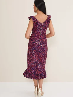 Dresses^Phase Eight Petite Viola V-Neck Ditsy Frill Dress Navy/Multi