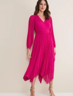 Dresses^Phase Eight Petra Pleated Wrap Dress Magenta Pink