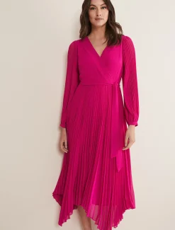 Dresses^Phase Eight Petra Pleated Wrap Dress Magenta Pink