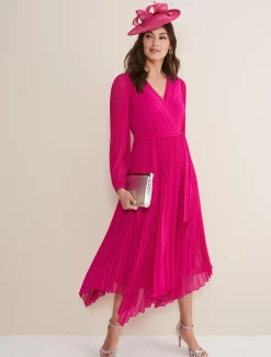 Dresses^Phase Eight Petra Pleated Wrap Dress Magenta Pink