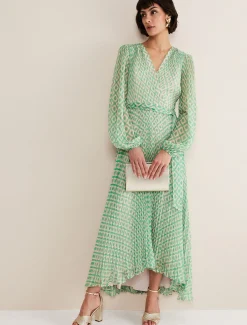 Dresses^Phase Eight Roxanna Pleated Diamond Maxi Dress Powder Pink/Green