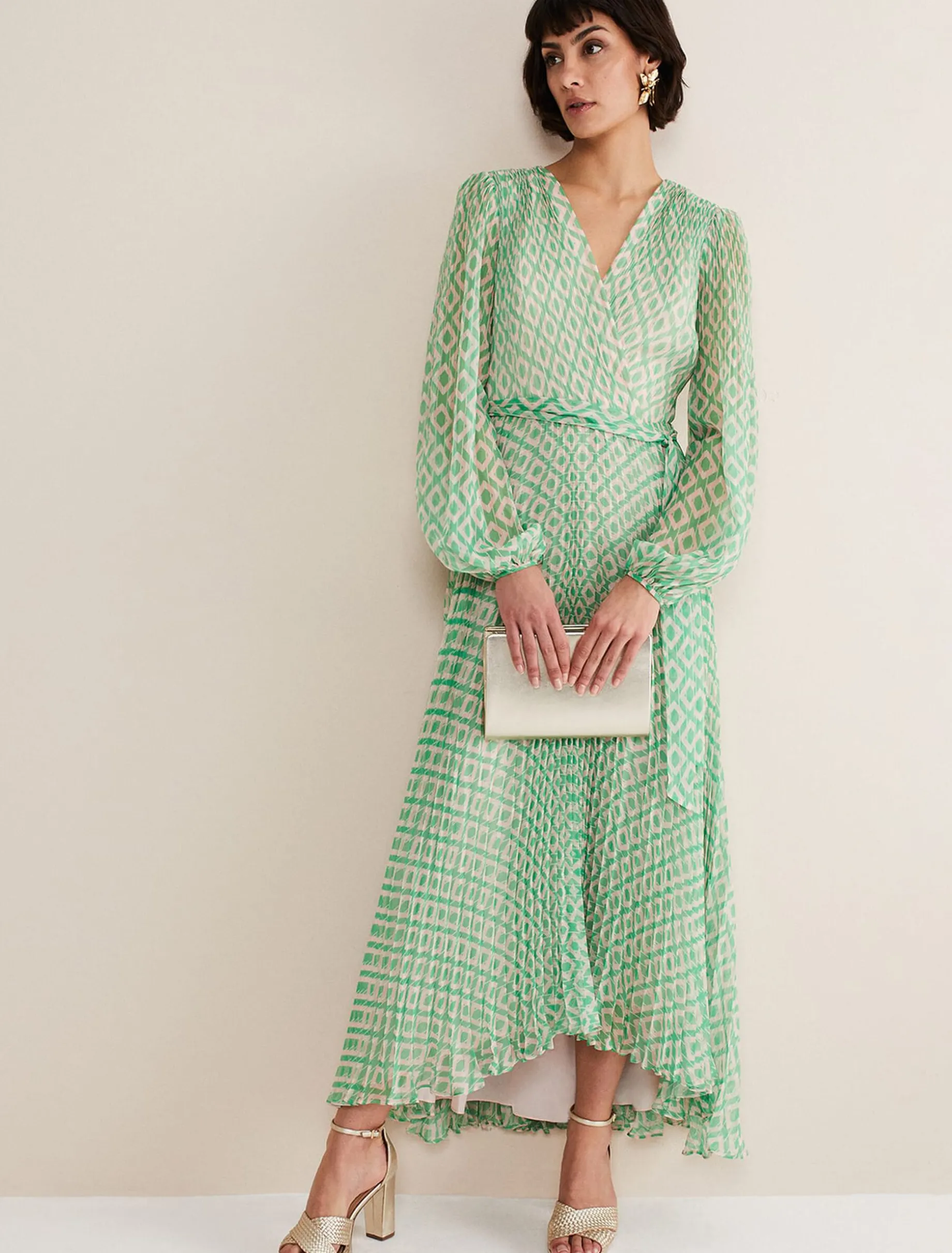 Dresses^Phase Eight Roxanna Pleated Diamond Maxi Dress Powder Pink/Green