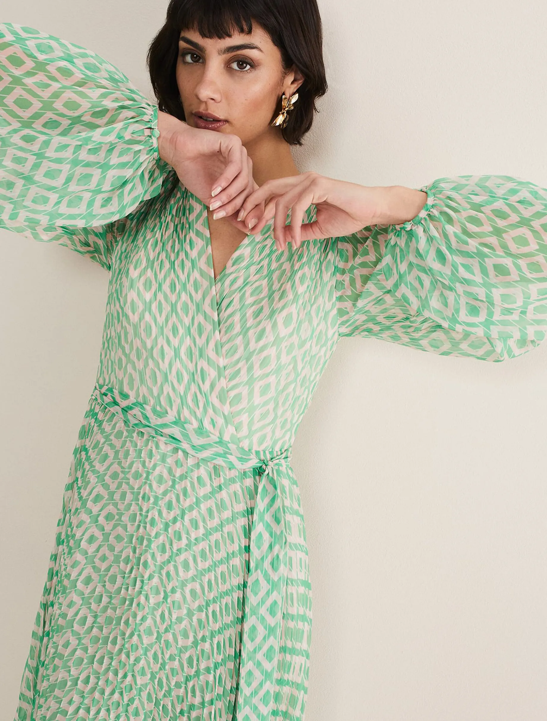 Dresses^Phase Eight Roxanna Pleated Diamond Maxi Dress Powder Pink/Green