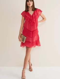 Dresses^Phase Eight Sage Pleated Ruffle Mini Dress Raspberry