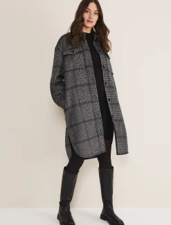 Jackets^Phase Eight Sarina Check Longline Shacket Navy/Multi