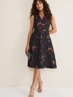 Dresses^Phase Eight Savannah Jacquard Floral Fit And Flare Dress Navy/Multi
