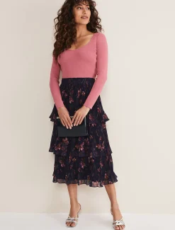 Skirts^Phase Eight Selena Tiered Printed Skirt Navy/Multi