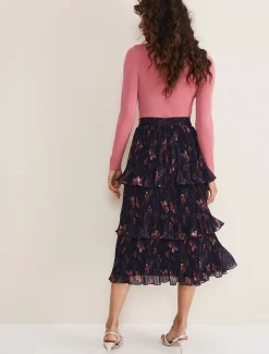 Skirts^Phase Eight Selena Tiered Printed Skirt Navy/Multi