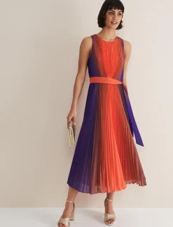 Dresses^Phase Eight Simara Ombre Pleated Midi Dress Vermillion/Multi