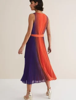 Dresses^Phase Eight Simara Ombre Pleated Midi Dress Vermillion/Multi