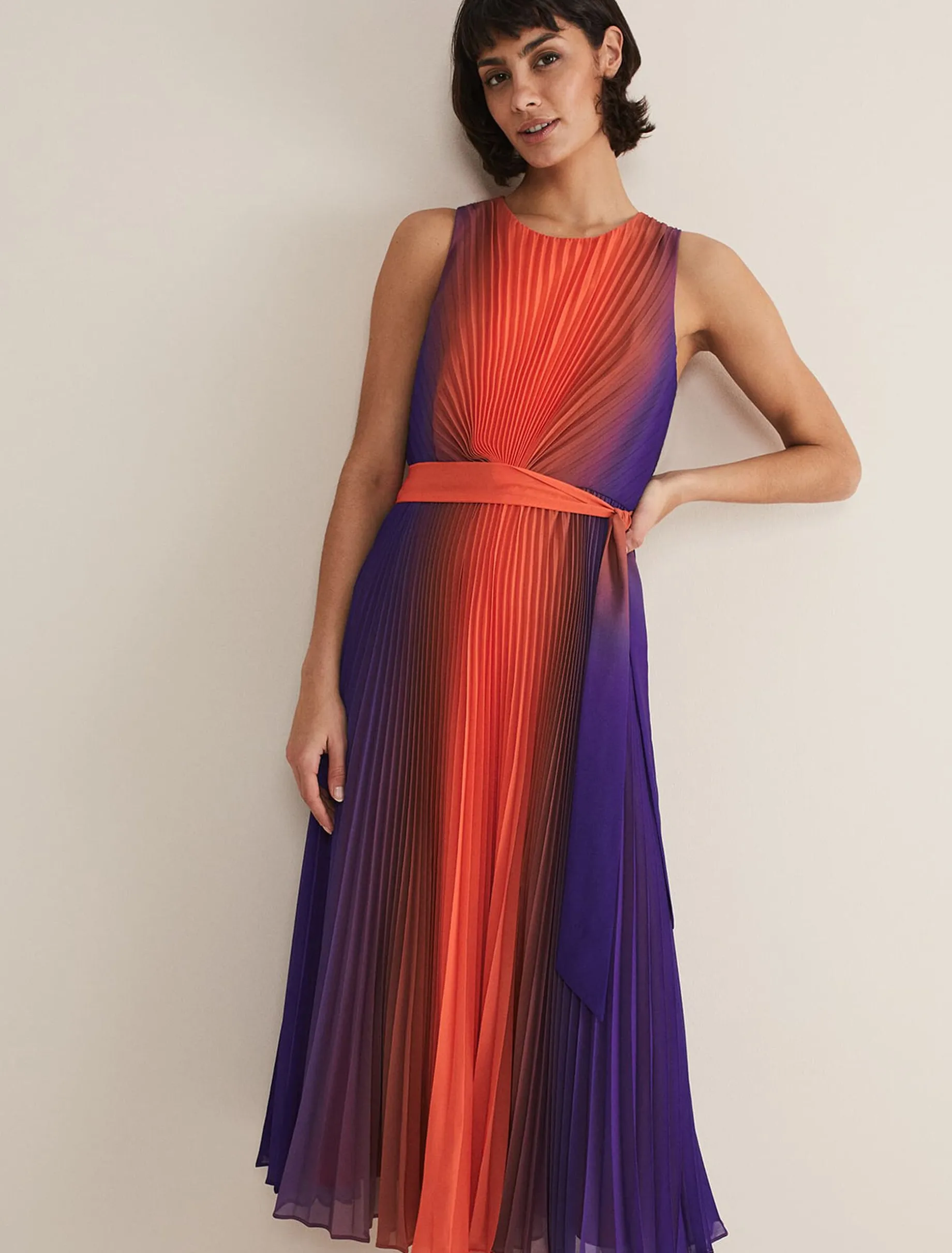 Dresses^Phase Eight Simara Ombre Pleated Midi Dress Vermillion/Multi