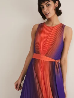 Dresses^Phase Eight Simara Ombre Pleated Midi Dress Vermillion/Multi