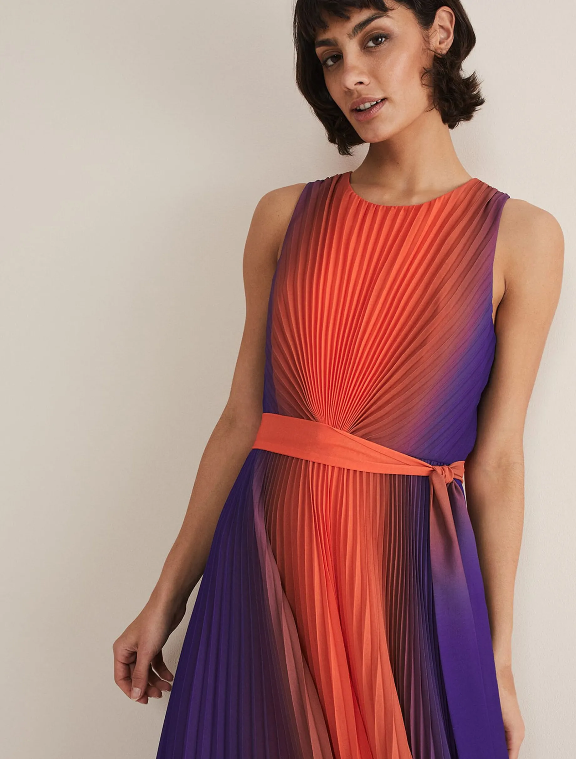 Dresses^Phase Eight Simara Ombre Pleated Midi Dress Vermillion/Multi