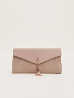 Bags^Phase Eight Suede Tassle Trim Clutch Bag Cameo