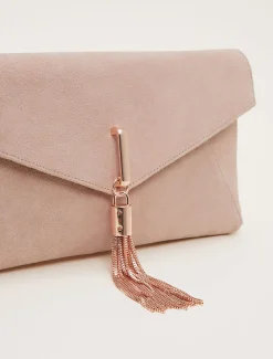 Bags^Phase Eight Suede Tassle Trim Clutch Bag Cameo