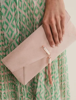 Bags^Phase Eight Suede Tassle Trim Clutch Bag Cameo