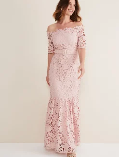 Dresses^Phase Eight Tallulla Lace Bardot Maxi Dress Petal Pink