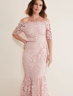 Dresses^Phase Eight Tallulla Lace Bardot Maxi Dress Petal Pink