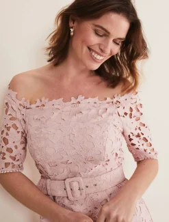 Dresses^Phase Eight Tallulla Lace Bardot Maxi Dress Petal Pink