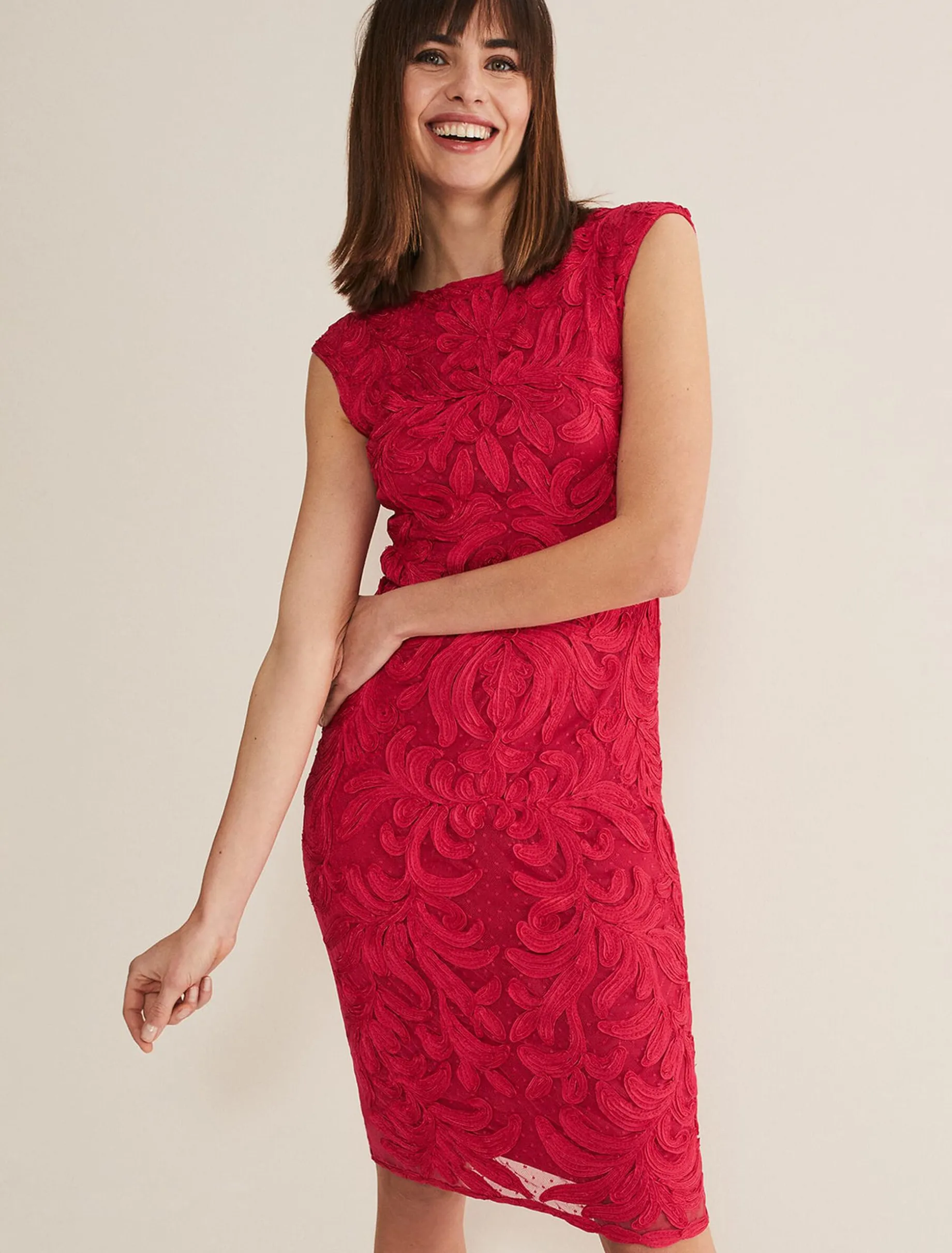 Dresses^Phase Eight Tania Tapework Dress Raspberry