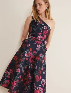 Dresses^Phase Eight Tasha One Shoulder Jacquard Dress Navy/Multi